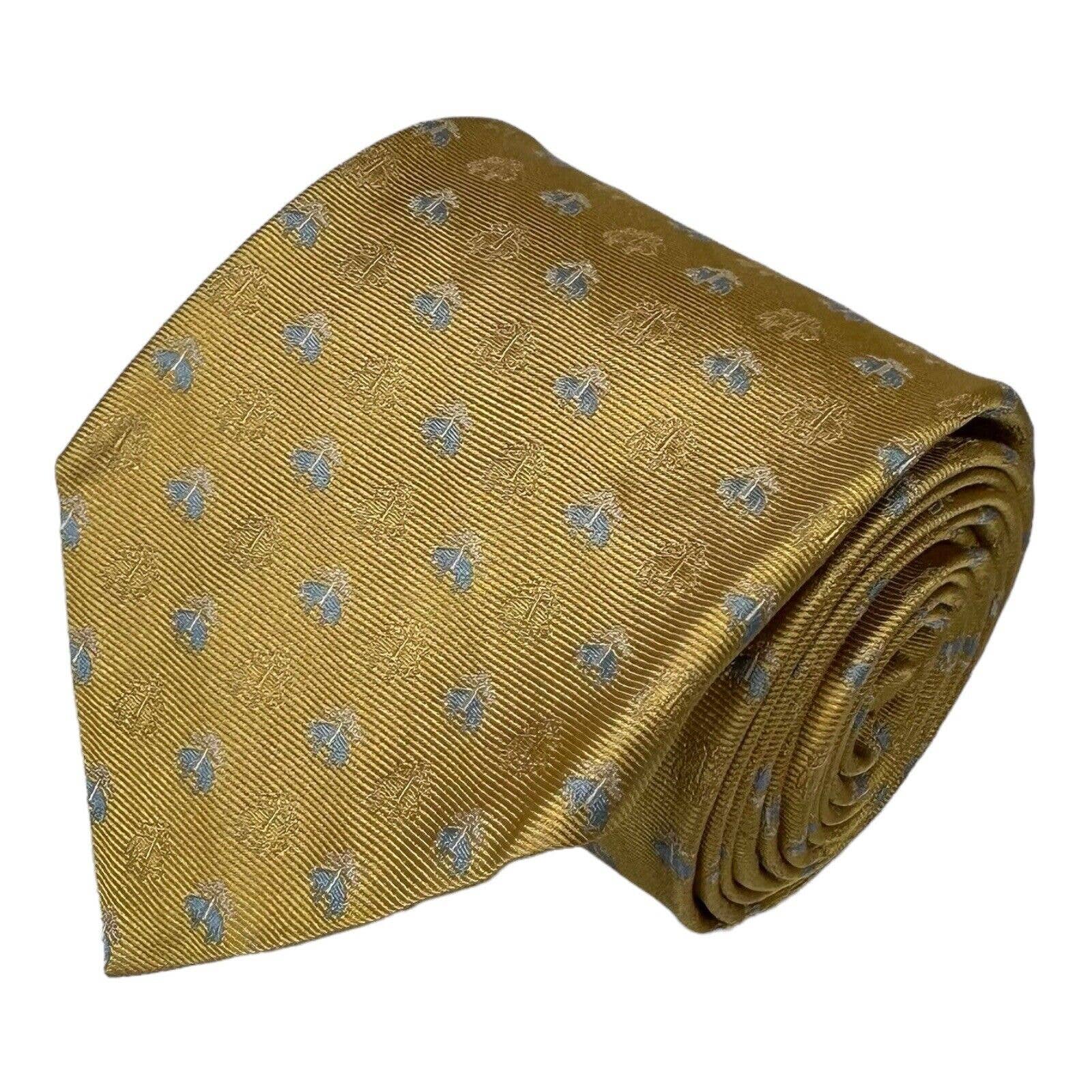 Brooks Brothers Gold Blue All Over Print Logo Pure Silk Tie 325 Inch Width